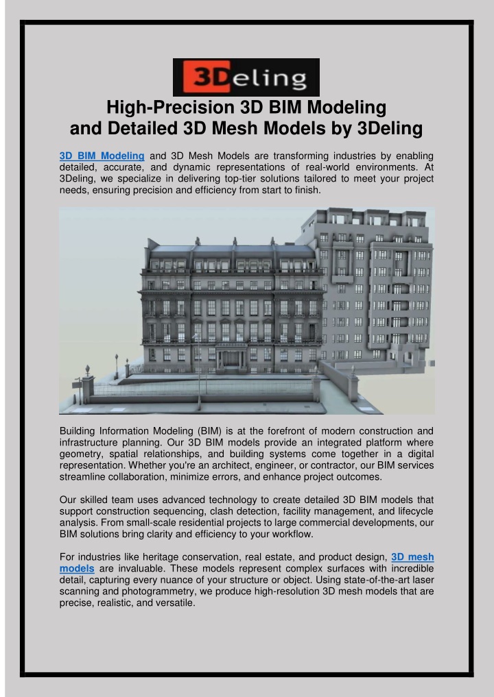 PPT - High-Precision 3D BIM Modeling and Detailed 3D Mesh Models by 3Deling PowerPoint Presentation - ID:14651002